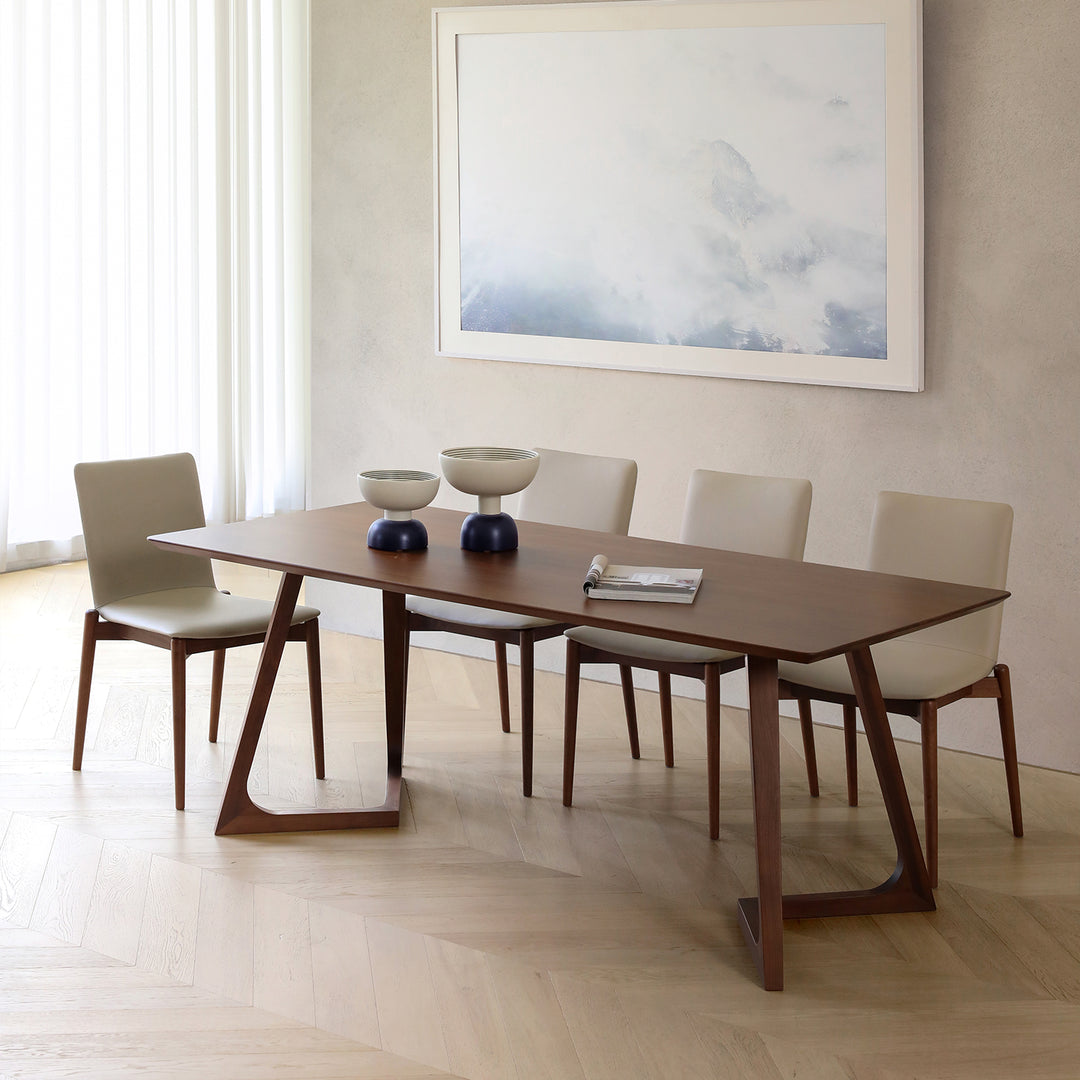 Mesa de comedor rectangular nórdica contemporánea de nogal macizo y madera contrachapada, con carpintería de precisión y ensamblaje de espiga y mortaja, para una durabilidad prolongada, para 4-8 plazas 
