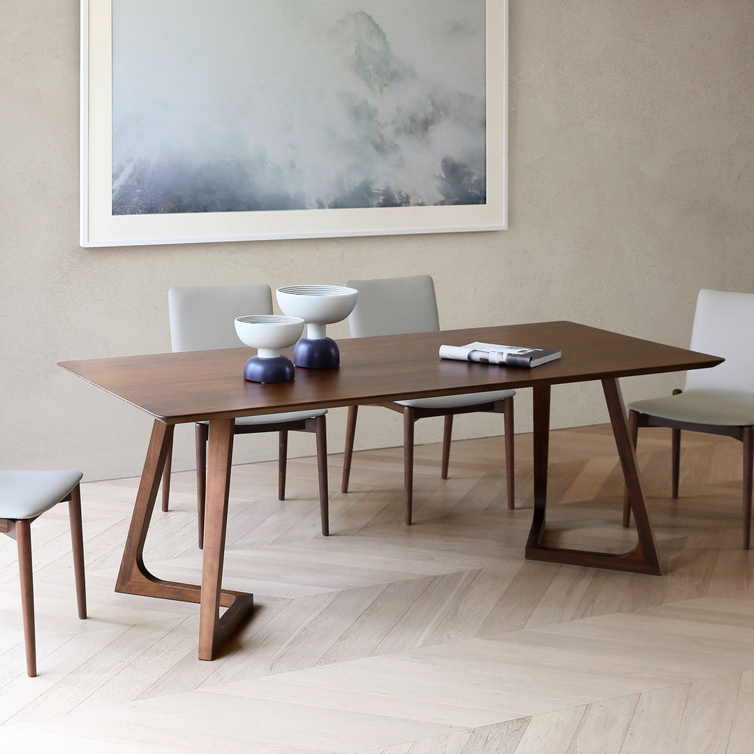 Mesa de comedor rectangular nórdica contemporánea de nogal macizo y madera contrachapada, con carpintería de precisión y ensamblaje de espiga y mortaja, para una durabilidad prolongada, para 4-8 plazas 