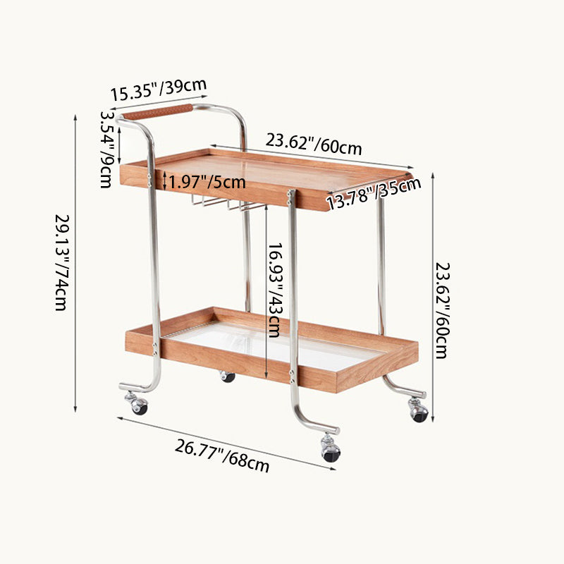 Modern Minimalist Solid Wood Stainless Steel Glass Rectangular Rolling Side Table Cart 2-Tier For Living Room
