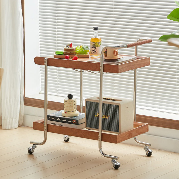 Modern Minimalist Solid Wood Stainless Steel Glass Rectangular Rolling Side Table Cart 2-Tier For Living Room