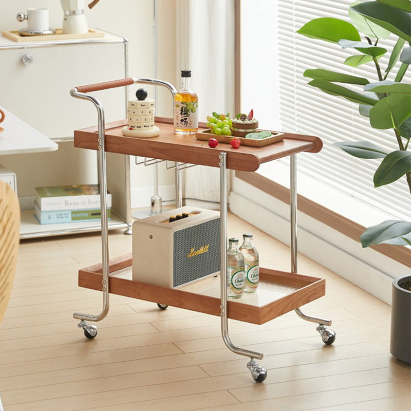 Modern Minimalist Solid Wood Stainless Steel Glass Rectangular Rolling Side Table Cart 2-Tier For Living Room