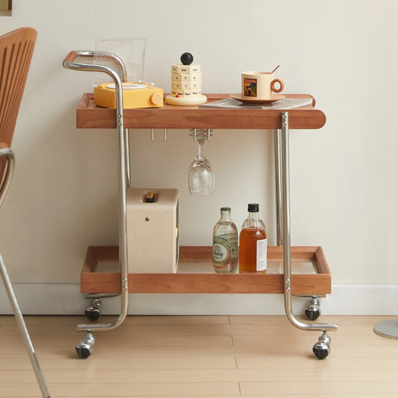 Modern Minimalist Solid Wood Stainless Steel Glass Rectangular Rolling Side Table Cart 2-Tier For Living Room