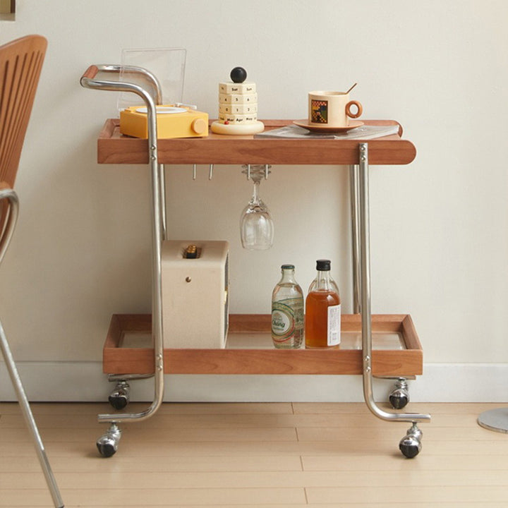 Modern Minimalist Solid Wood Stainless Steel Glass Rectangular Rolling Side Table Cart 2-Tier For Living Room