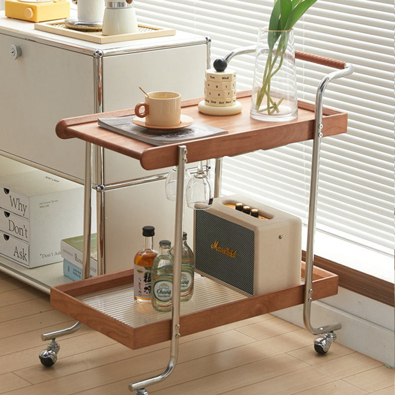 Modern Minimalist Solid Wood Stainless Steel Glass Rectangular Rolling Side Table Cart 2-Tier For Living Room