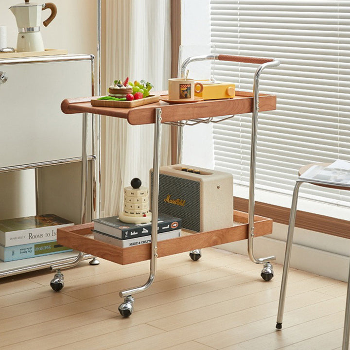 Modern Minimalist Solid Wood Stainless Steel Glass Rectangular Rolling Side Table Cart 2-Tier For Living Room