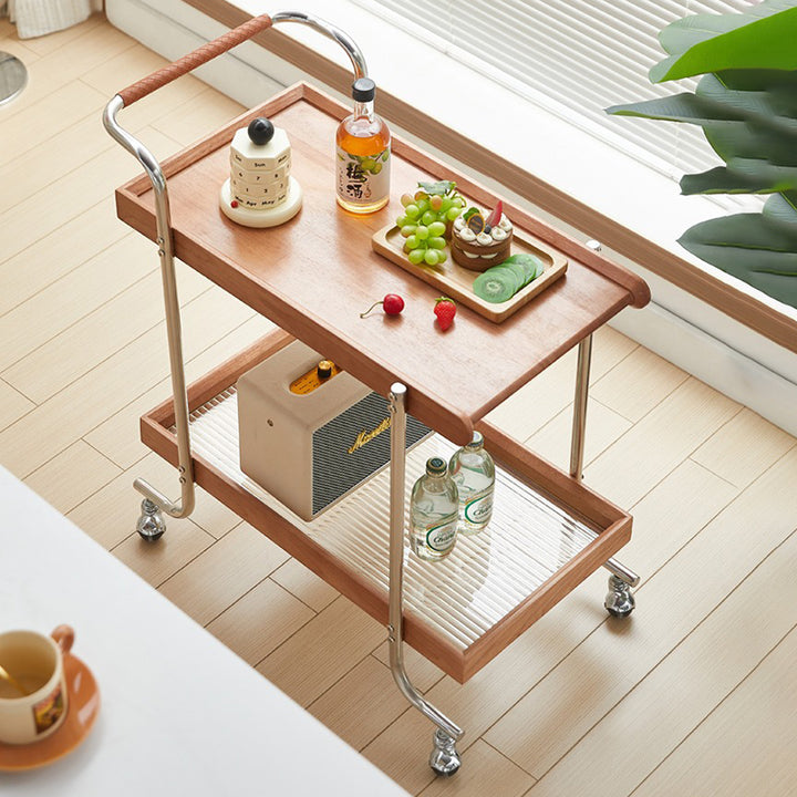 Modern Minimalist Solid Wood Stainless Steel Glass Rectangular Rolling Side Table Cart 2-Tier For Living Room