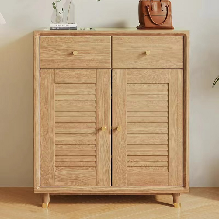 Moderner minimalistischer Schuhschrank aus Massivholz & Sperrholz in rechteckiger Form mit 2 Schubladen & 1 Staufach für Eingangsbereich & Wohnzimmer 