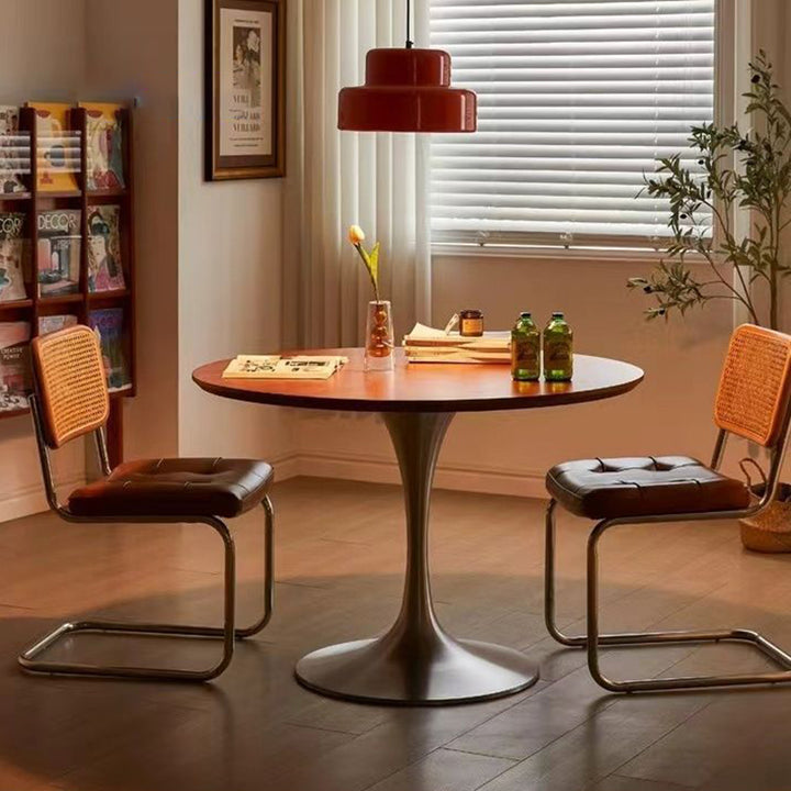 Contemporary Retro Rubberwood Round Dining Table With Stainless Steel Base For 3-5 Seats