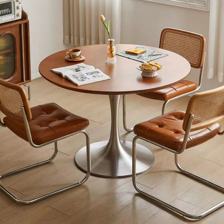 Contemporary Retro Rubberwood Round Dining Table With Stainless Steel Base For 3-5 Seats