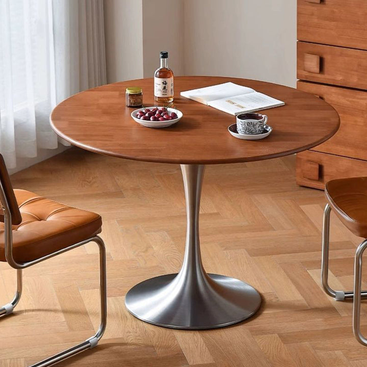 Contemporary Retro Rubberwood Round Dining Table With Stainless Steel Base For 3-5 Seats
