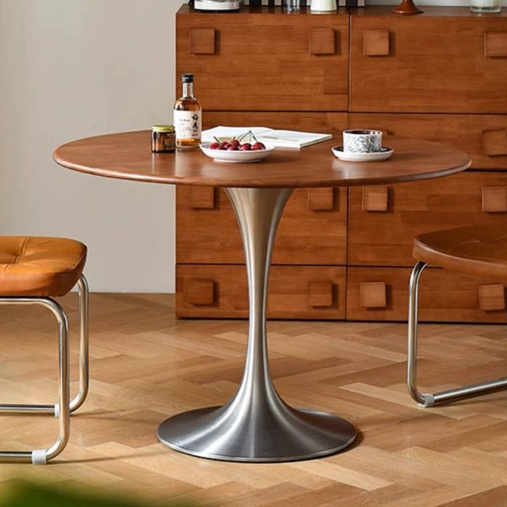 Contemporary Retro Rubberwood Round Dining Table With Stainless Steel Base For 3-5 Seats