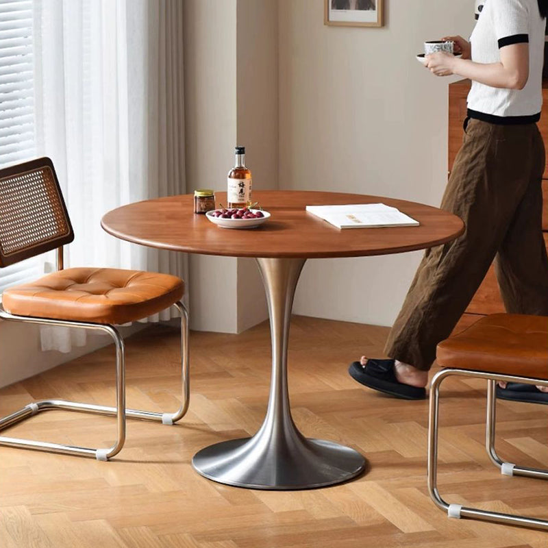 Contemporary Retro Rubberwood Round Dining Table With Stainless Steel Base For 3-5 Seats