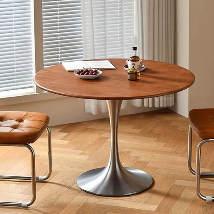 Contemporary Retro Rubberwood Round Dining Table With Stainless Steel Base For 3-5 Seats