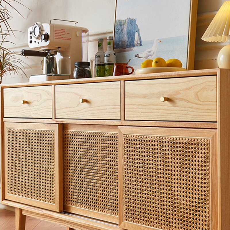 Gabinete de almacenamiento rectangular contemporáneo escandinavo de madera maciza con tejido de ratán con 2/3 cajones y puertas correderas para sala de estar 