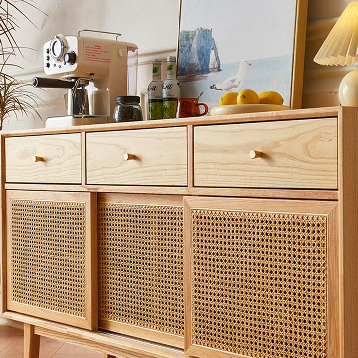 Gabinete de almacenamiento rectangular contemporáneo escandinavo de madera maciza con tejido de ratán con 2/3 cajones y puertas correderas para sala de estar 