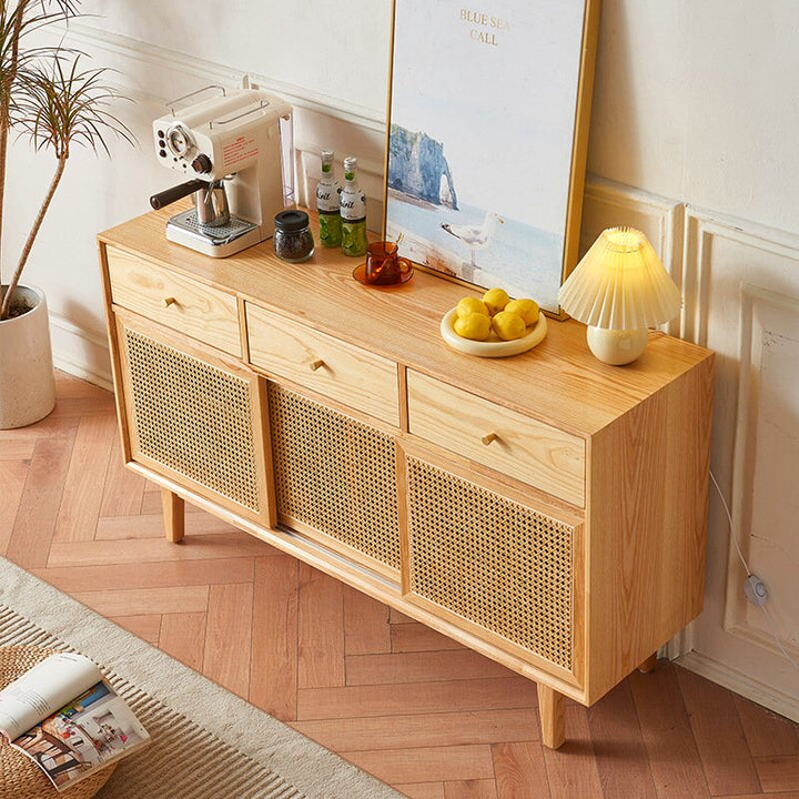Gabinete de almacenamiento rectangular contemporáneo escandinavo de madera maciza con tejido de ratán con 2/3 cajones y puertas correderas para sala de estar 