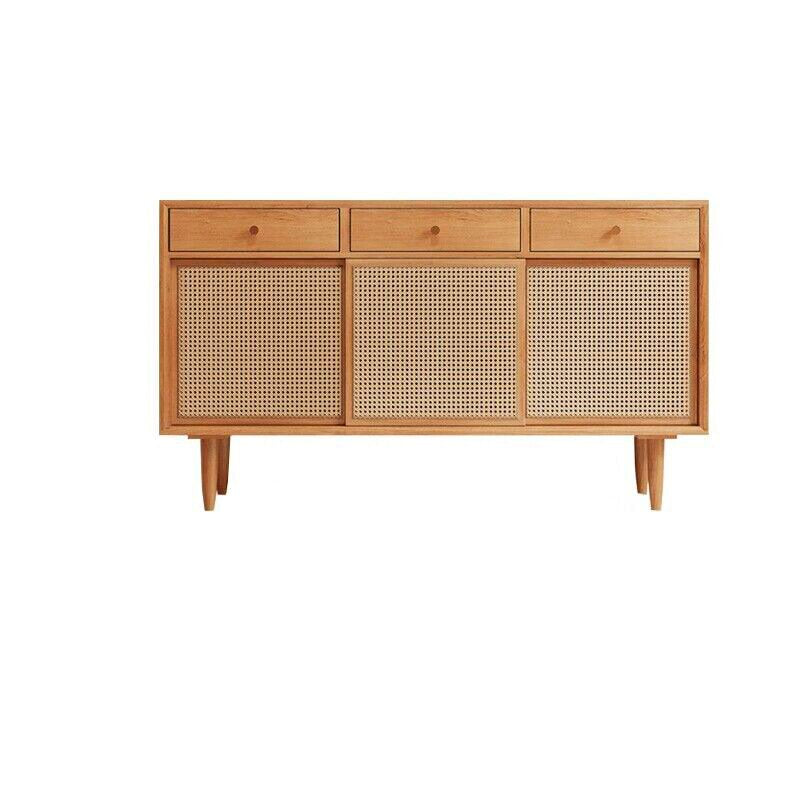Gabinete de almacenamiento rectangular contemporáneo escandinavo de madera maciza con tejido de ratán con 2/3 cajones y puertas correderas para sala de estar 
