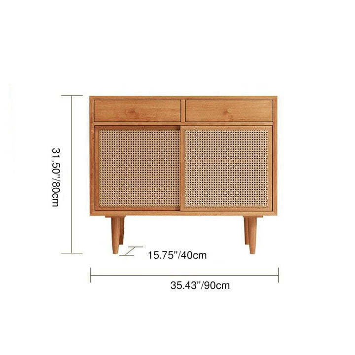 Gabinete de almacenamiento rectangular contemporáneo escandinavo de madera maciza con tejido de ratán con 2/3 cajones y puertas correderas para sala de estar 