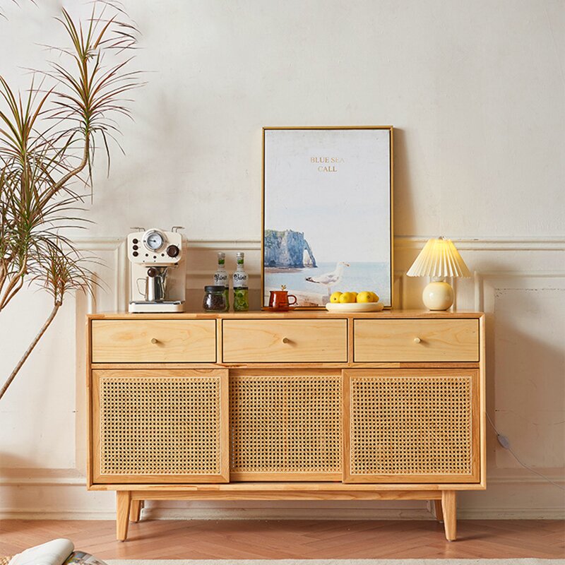Gabinete de almacenamiento rectangular contemporáneo escandinavo de madera maciza con tejido de ratán con 2/3 cajones y puertas correderas para sala de estar 