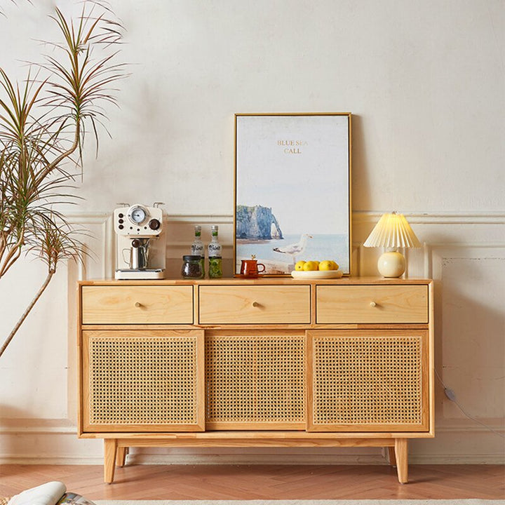 Gabinete de almacenamiento rectangular contemporáneo escandinavo de madera maciza con tejido de ratán con 2/3 cajones y puertas correderas para sala de estar 