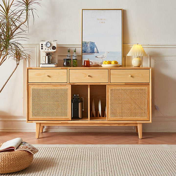 Gabinete de almacenamiento rectangular contemporáneo escandinavo de madera maciza con tejido de ratán con 2/3 cajones y puertas correderas para sala de estar 