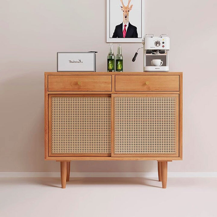 Gabinete de almacenamiento rectangular contemporáneo escandinavo de madera maciza con tejido de ratán con 2/3 cajones y puertas correderas para sala de estar 