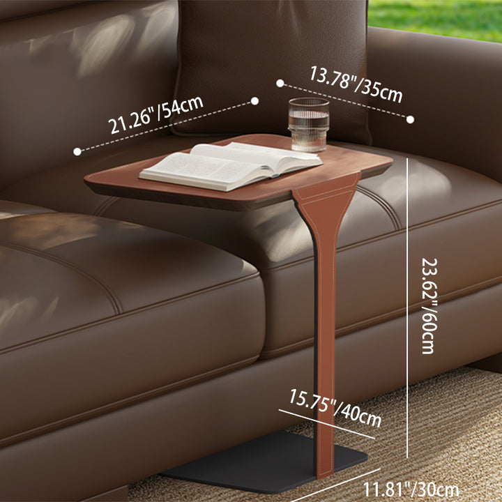 Table d'appoint moderne de luxe en acier inoxydable, bois massif et cuir de selle, avec coins arrondis, pour salon 