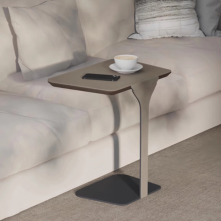 Table d'appoint moderne de luxe en acier inoxydable, bois massif et cuir de selle, avec coins arrondis, pour salon 