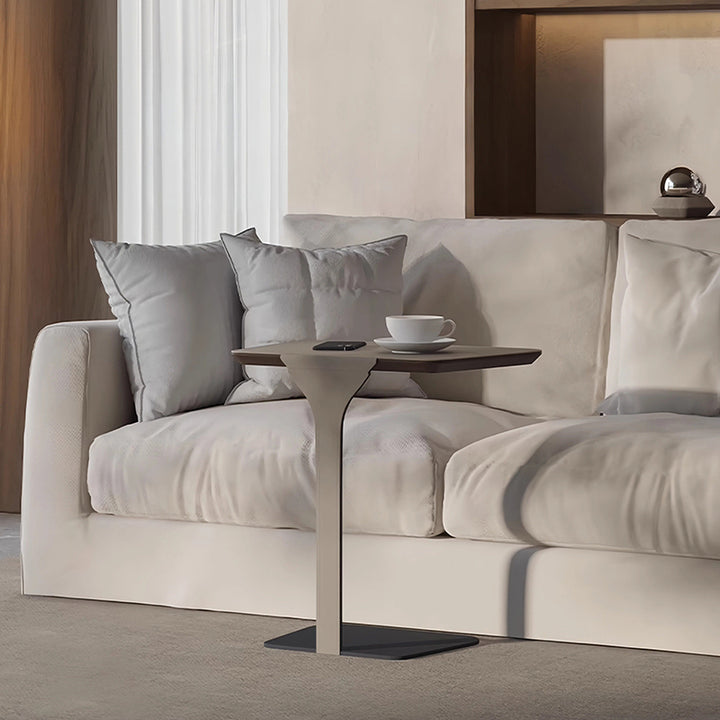 Table d'appoint moderne de luxe en acier inoxydable, bois massif et cuir de selle, avec coins arrondis, pour salon 
