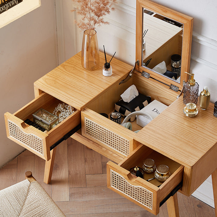 Contemporary Scandinavian Ash Wood Plywood Rattan Weaving Rectangular Vanity Table With Mirror &amp; 2 Drawers For Bedroom