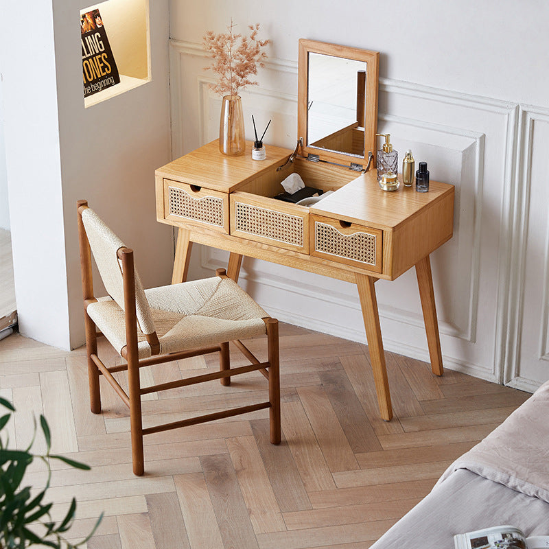 Contemporary Scandinavian Ash Wood Plywood Rattan Weaving Rectangular Vanity Table With Mirror &amp; 2 Drawers For Bedroom