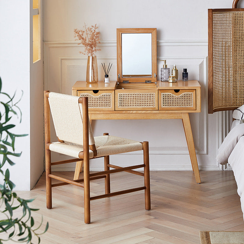Contemporary Scandinavian Ash Wood Plywood Rattan Weaving Rectangular Vanity Table With Mirror &amp; 2 Drawers For Bedroom