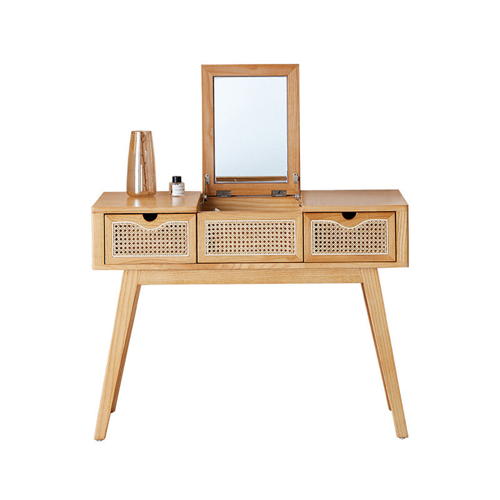 Contemporary Scandinavian Ash Wood Plywood Rattan Weaving Rectangular Vanity Table With Mirror &amp; 2 Drawers For Bedroom