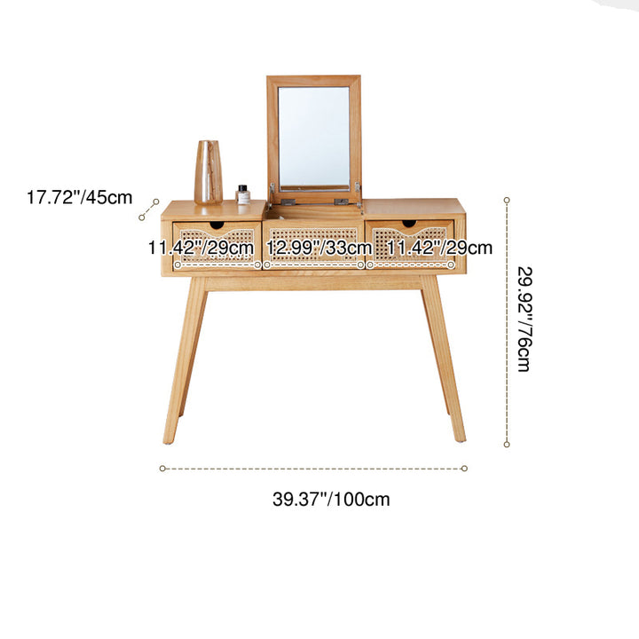 Contemporary Scandinavian Ash Wood Plywood Rattan Weaving Rectangular Vanity Table With Mirror &amp; 2 Drawers For Bedroom