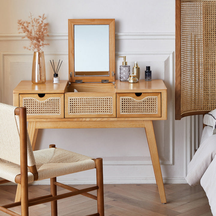 Contemporary Scandinavian Ash Wood Plywood Rattan Weaving Rectangular Vanity Table With Mirror &amp; 2 Drawers For Bedroom