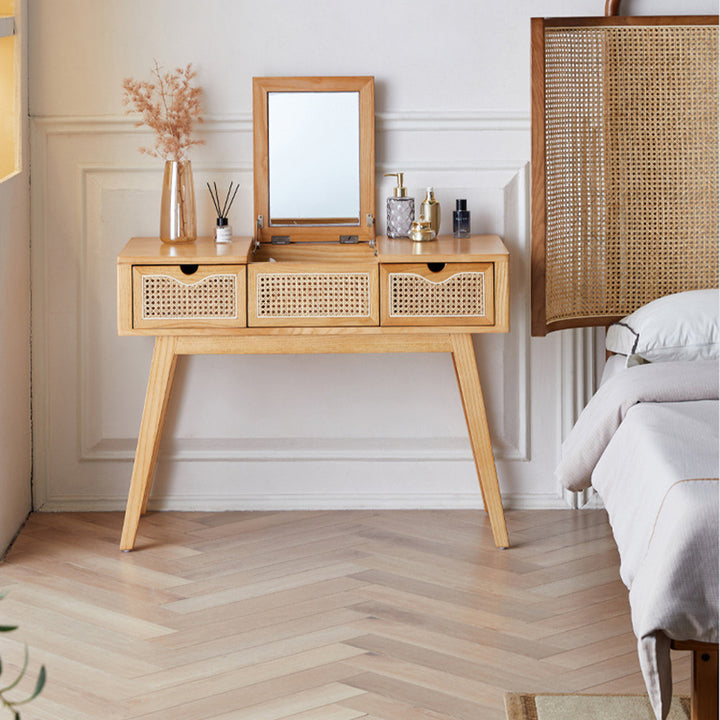 Contemporary Scandinavian Ash Wood Plywood Rattan Weaving Rectangular Vanity Table With Mirror &amp; 2 Drawers For Bedroom