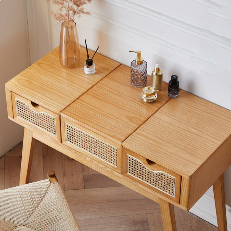 Contemporary Scandinavian Ash Wood Plywood Rattan Weaving Rectangular Vanity Table With Mirror &amp; 2 Drawers For Bedroom