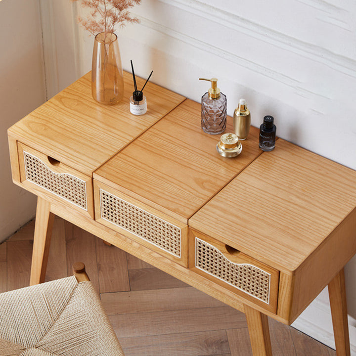 Contemporary Scandinavian Ash Wood Plywood Rattan Weaving Rectangular Vanity Table With Mirror &amp; 2 Drawers For Bedroom