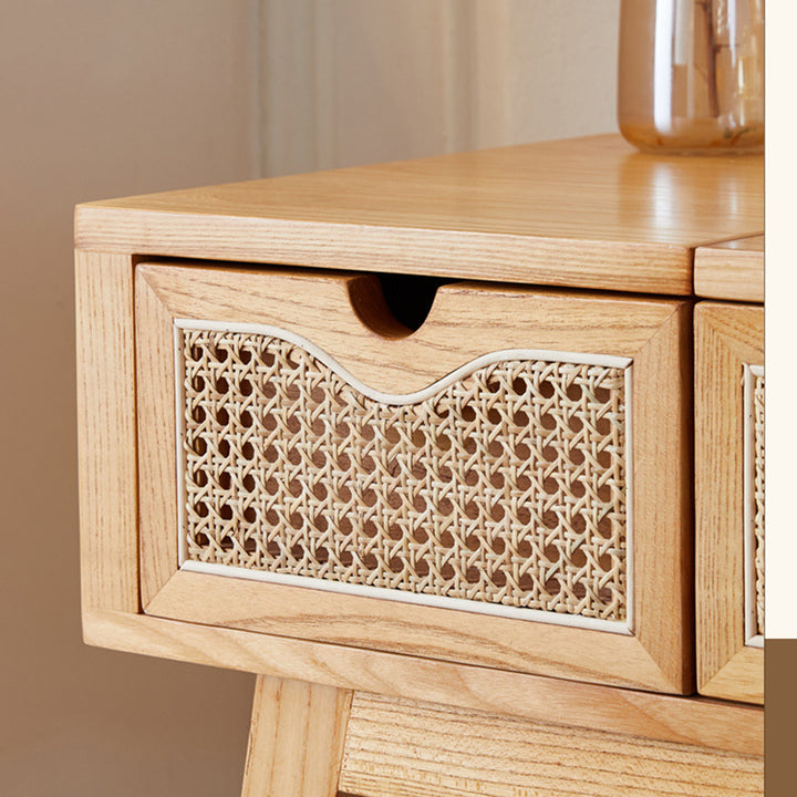 Contemporary Scandinavian Ash Wood Plywood Rattan Weaving Rectangular Vanity Table With Mirror &amp; 2 Drawers For Bedroom