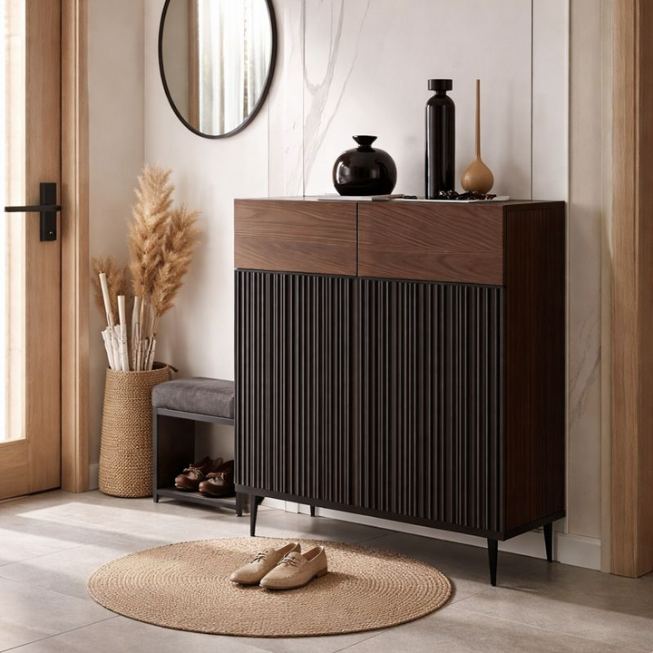 Rangement à chaussures rectangulaire moderne minimaliste en bois massif, contreplaqué et fer, avec 2 tiroirs pour l'entrée 