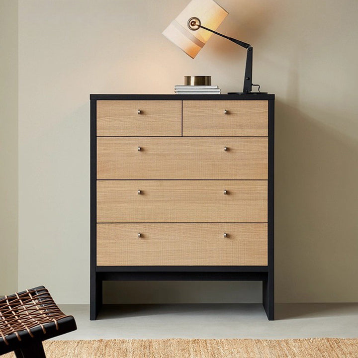 Buffet de rangement contemporain nordique rectangulaire en bois d’ingénierie à 5 tiroirs pour salon 