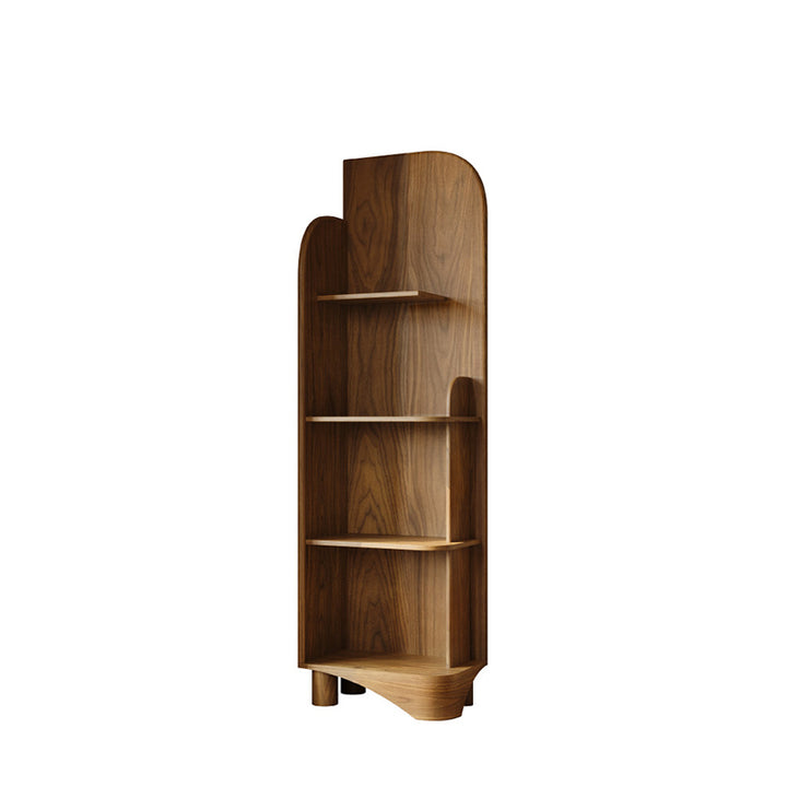 Bibliothèque moderne minimaliste en noyer massif noir et contreplaqué, aux coins arrondis, avec 4 niveaux pour le salon et le bureau à domicile 
