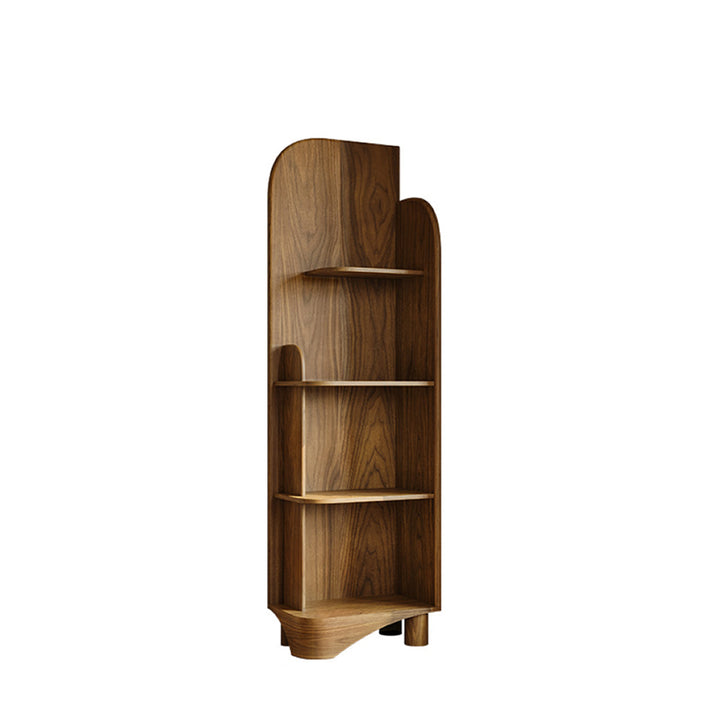 Bibliothèque moderne minimaliste en noyer massif noir et contreplaqué, aux coins arrondis, avec 4 niveaux pour le salon et le bureau à domicile 