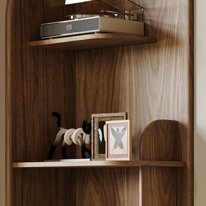 Bibliothèque moderne minimaliste en noyer massif noir et contreplaqué, aux coins arrondis, avec 4 niveaux pour le salon et le bureau à domicile 