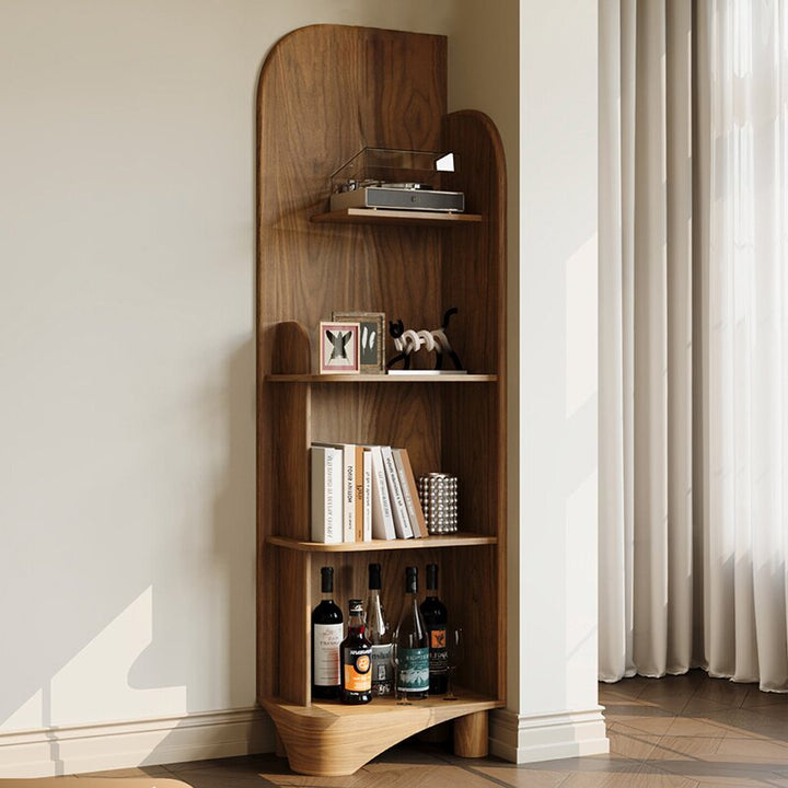 Bibliothèque moderne minimaliste en noyer massif noir et contreplaqué, aux coins arrondis, avec 4 niveaux pour le salon et le bureau à domicile 