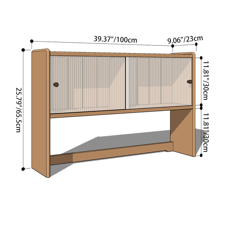 Modern Minimalist North American Cherry Wood Glass Rectangular Desktop Bookshelf With 2-Tier Storage &amp; Enclosed Sliding Doors For Home Office &amp; Bedroom