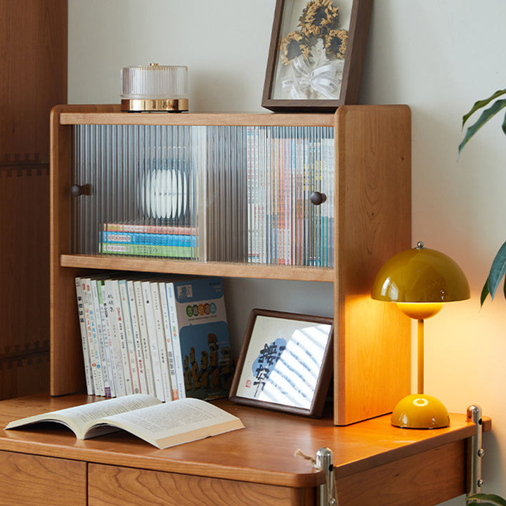 Modern Minimalist North American Cherry Wood Glass Rectangular Desktop Bookshelf With 2-Tier Storage &amp; Enclosed Sliding Doors For Home Office &amp; Bedroom