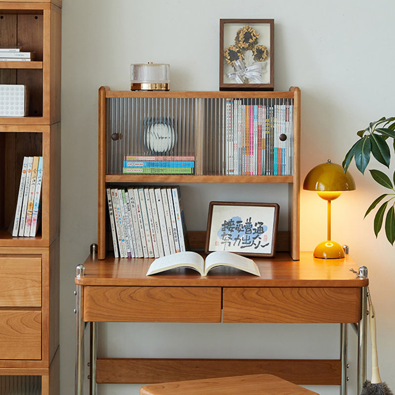 Modern Minimalist North American Cherry Wood Glass Rectangular Desktop Bookshelf With 2-Tier Storage &amp; Enclosed Sliding Doors For Home Office &amp; Bedroom