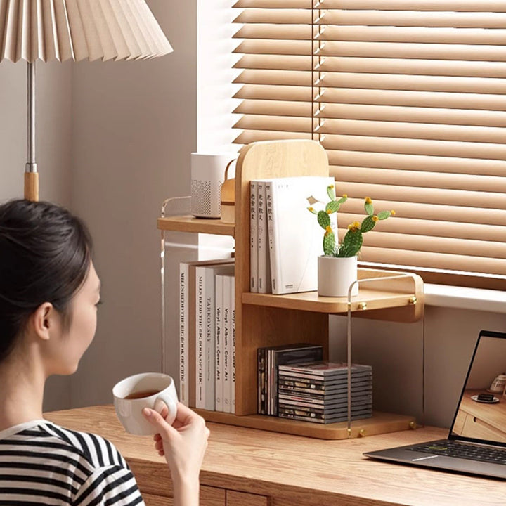 Étagère de bureau rectangulaire arrondie en bois d’ingénierie et acrylique, minimaliste moderne, avec 3 niveaux de rangement pour bureau à domicile et chambre 