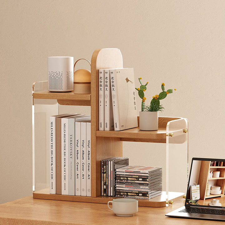 Étagère de bureau rectangulaire arrondie en bois d’ingénierie et acrylique, minimaliste moderne, avec 3 niveaux de rangement pour bureau à domicile et chambre 